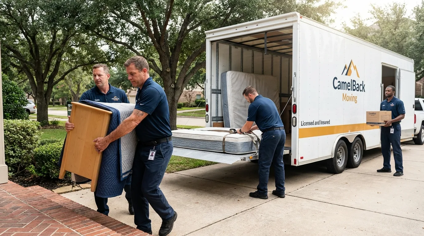 Crew loading residential truck for cross-state move from New London, MN