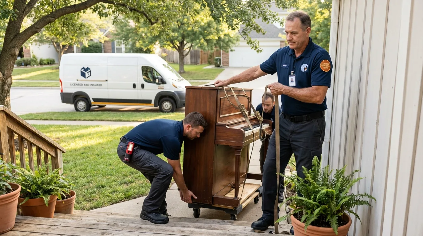 Licensed piano movers securing grand piano in New London, MN