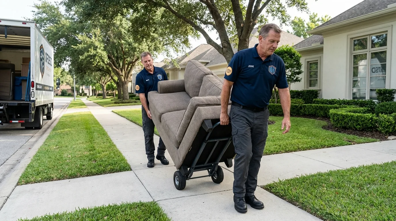Local residential moving crew loading furniture in New London, MN