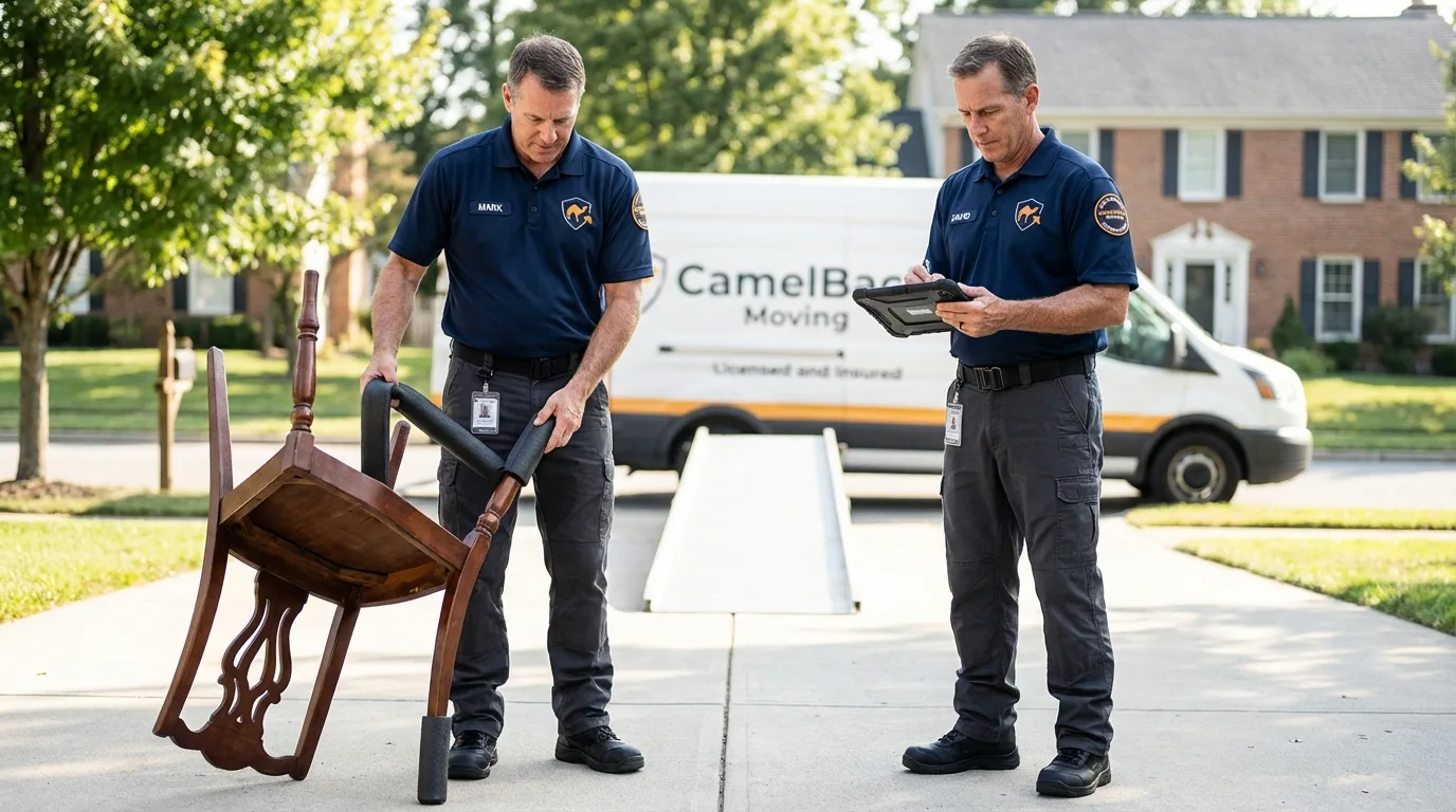 Movers inspecting furniture for damage prevention before loading in New London, MN