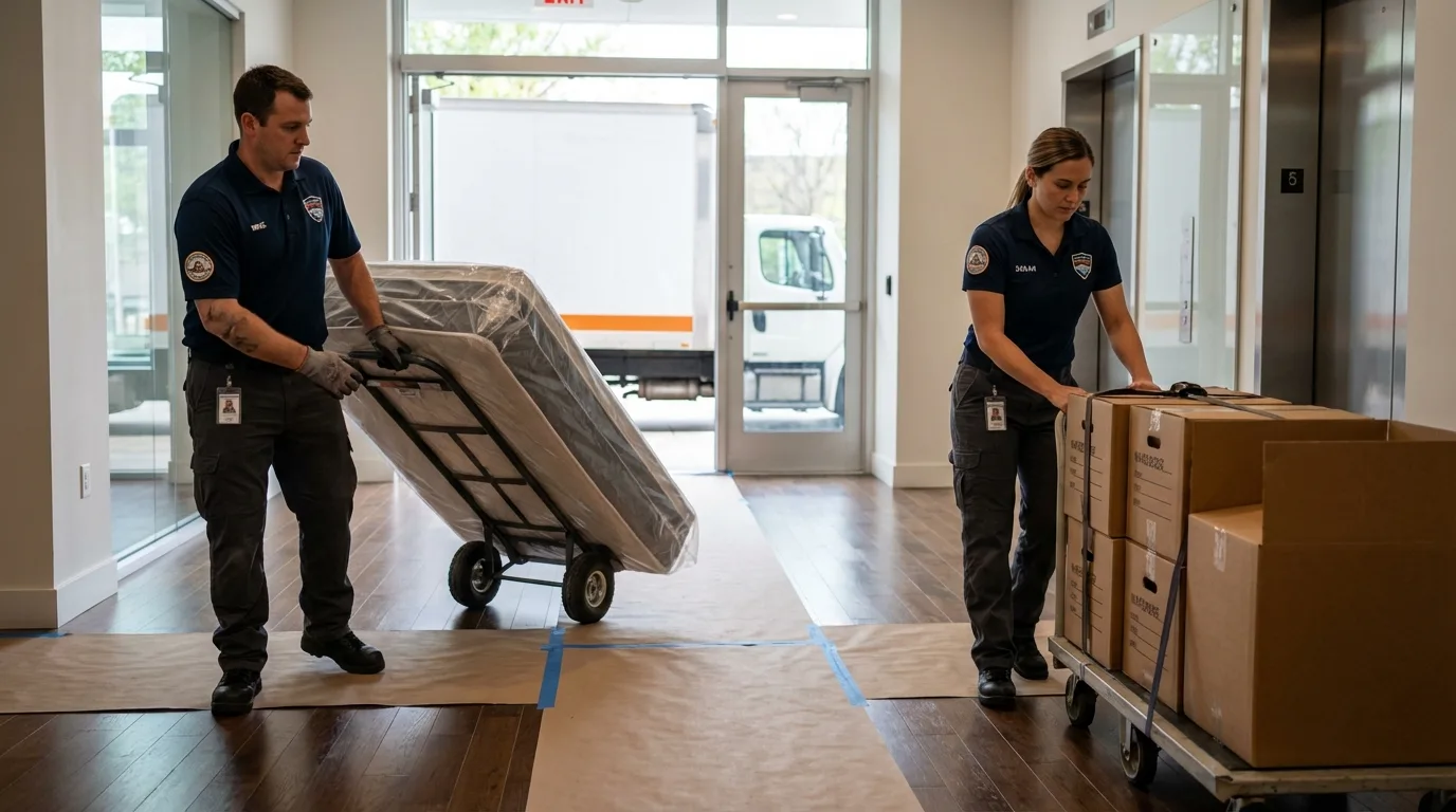 Professional apartment movers loading elevator in New London, MN