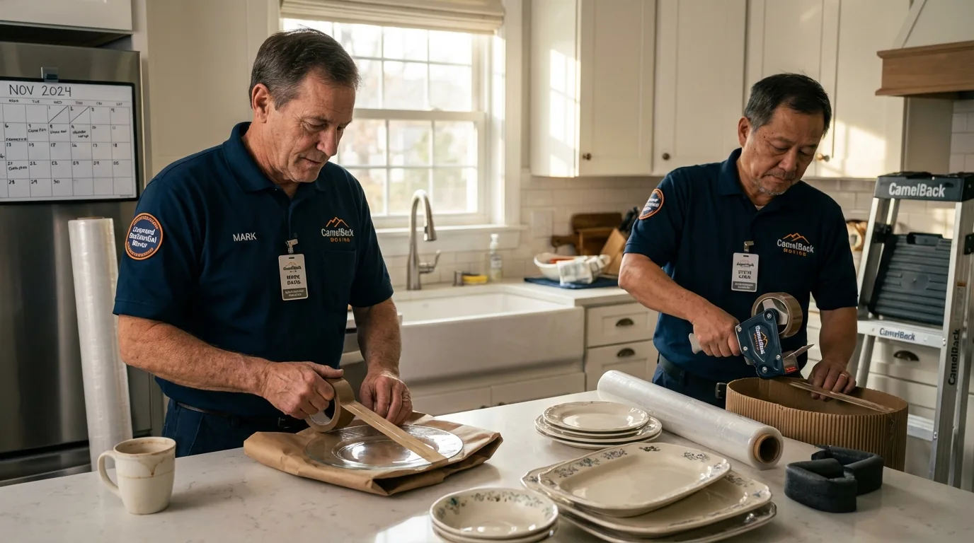 Professional crew packing kitchen dishware in New London, MN